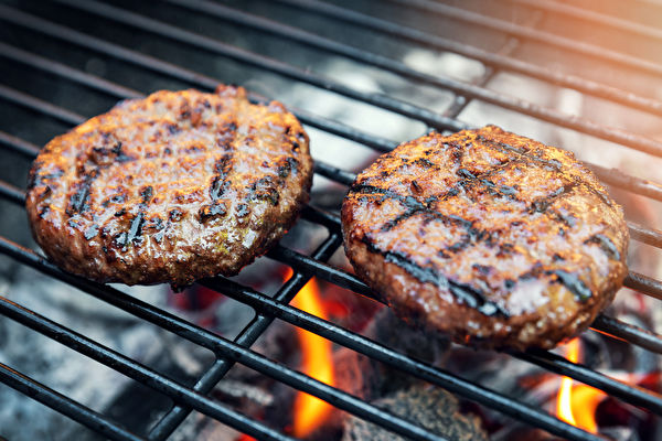 Beef Burger Meat Cooking On Charcoal Grill Outdoors