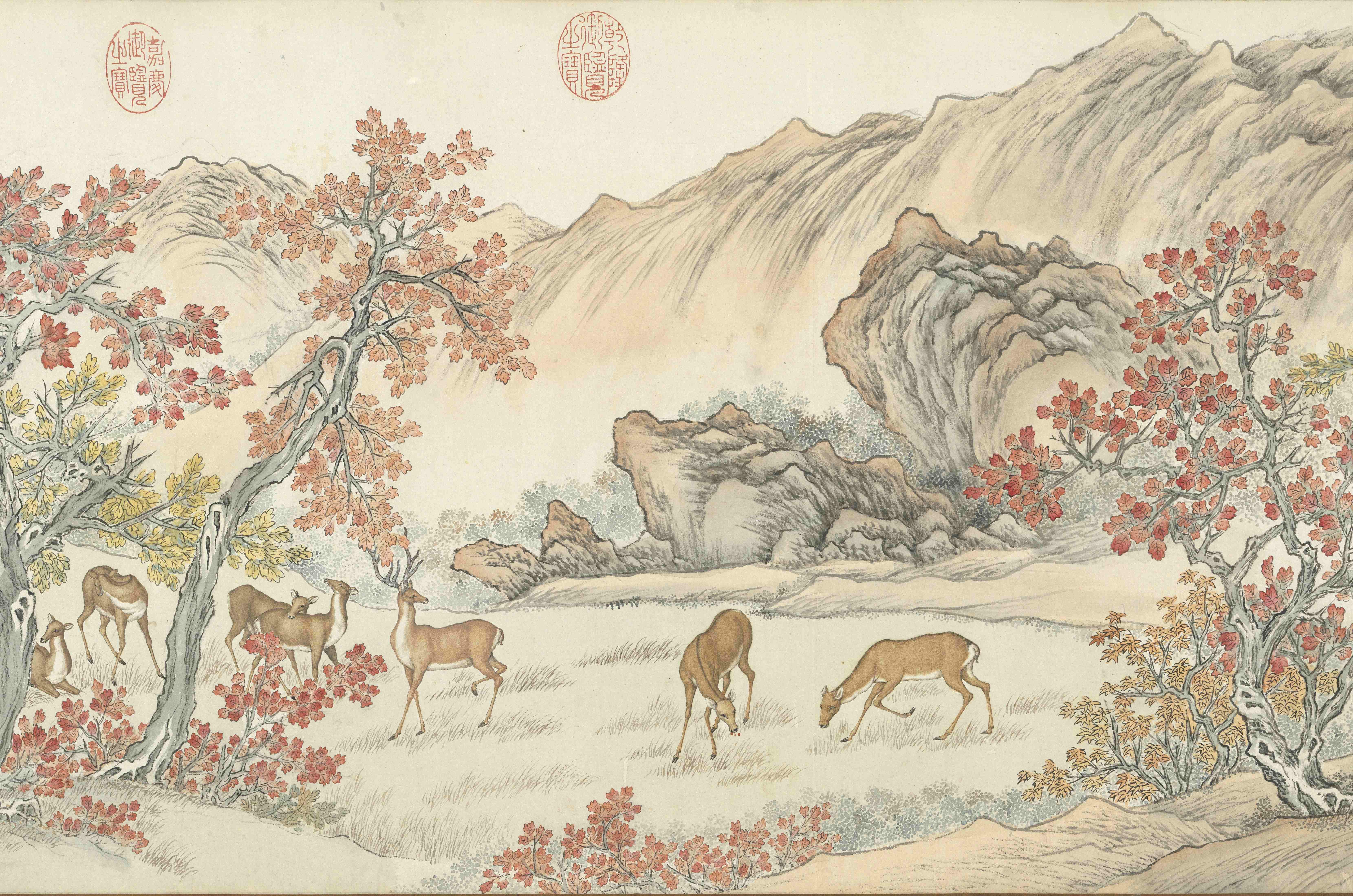 故宮南院翰墨空間新檔,色彩魔術師精彩登場,展出清 艾啟蒙〈百鹿圖〉。(故宮南院提供)