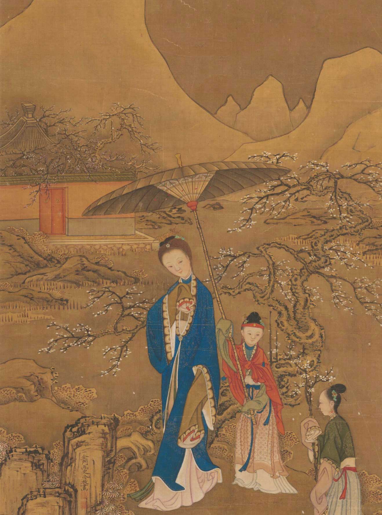顧太清看雪,看的是「階前欄外,亂瓊紛繞」的繽紛錯落,看的是「銀海搖光,玉山霏素」的萬千氣象。圖為清 冷枚繪《探梅圖》局部。(公有領域)