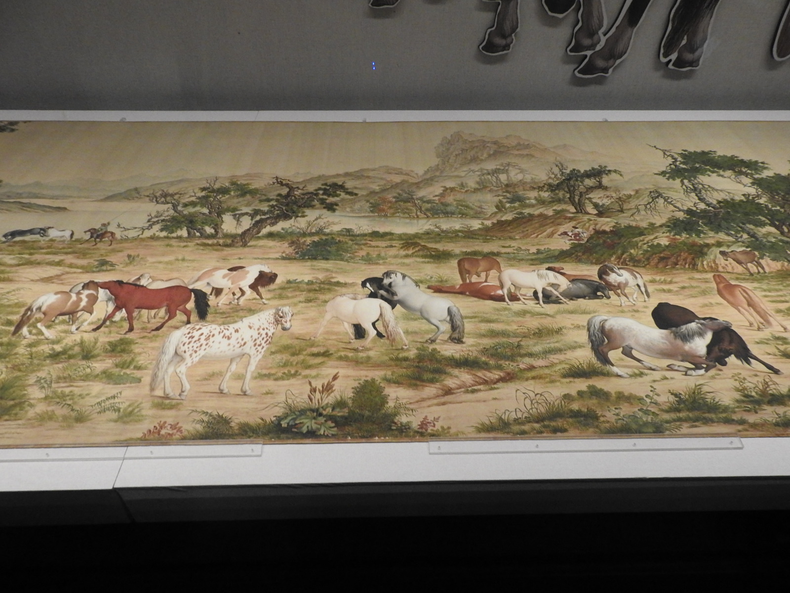 故宫南院“人气国宝展–拟真物象”主题展,由清代郎世宁〈百骏图〉领军,搭配清代〈肉形石〉等6组件器物精品,邀观众品味艺术家们出神入化的“写真”技巧。图为〈百骏图〉之局部。(蔡上海/大纪元)