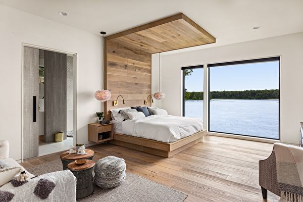 Bedroom In New Luxury Home With Hardwood Floors Custom Headboard