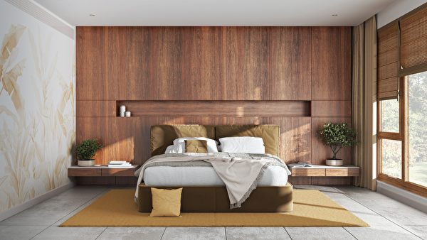 Modern Bedroom With Wooden Headboard In White And Yellow Tones