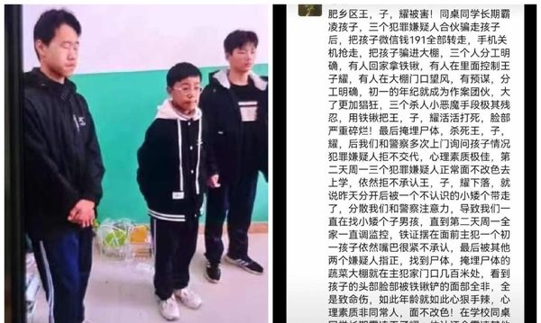 河北邯郸一村庄3名初中生霸凌残杀同学