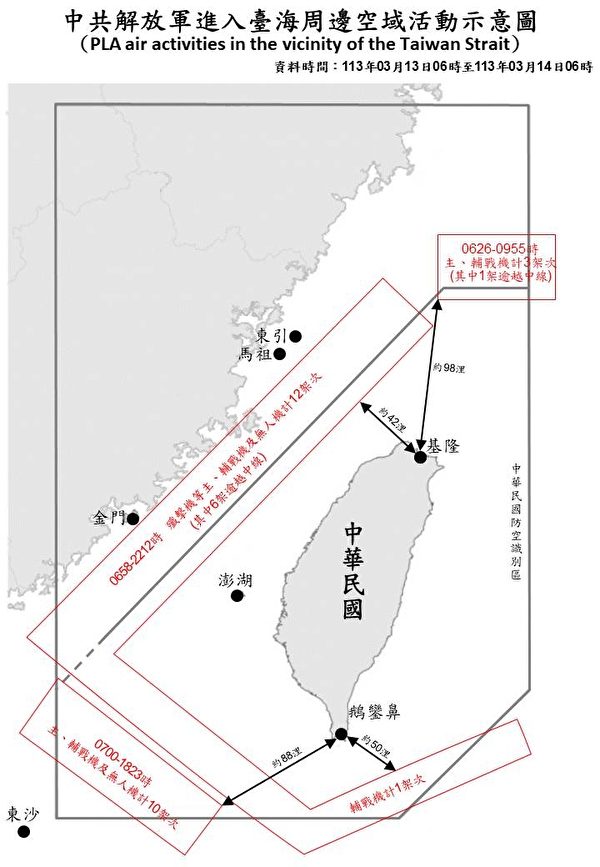 台国防部：18架次共机越中线扰台湾周边空域