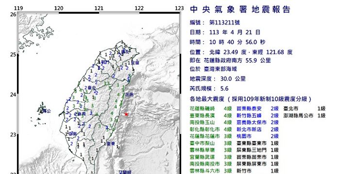 台湾花莲近海域现规模5.6地震 全台有震感