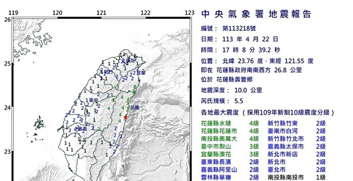 Plusieurs tremblements de terre se sont produits à Hualien, à Taiwan, la plus grande magnitude étant de 5,5 | Administration météorologique de Taiwan |