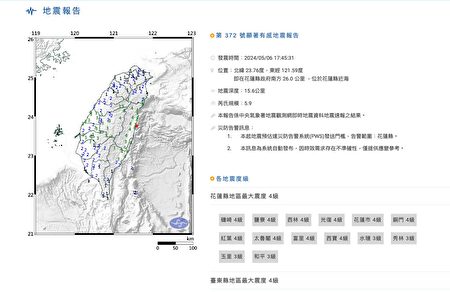 台湾花莲接连两次规模5.9地震 全台有震感