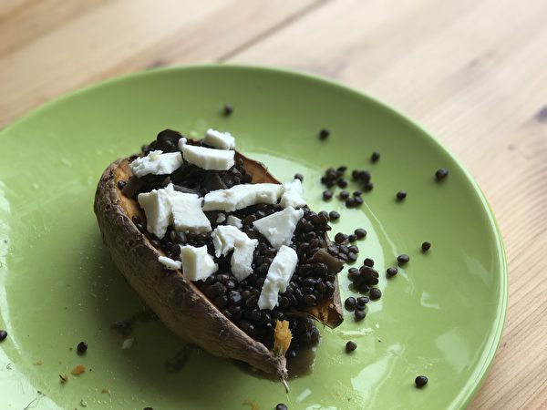 Baked Sweet Potato With Black Lentils And Feta Cheese
