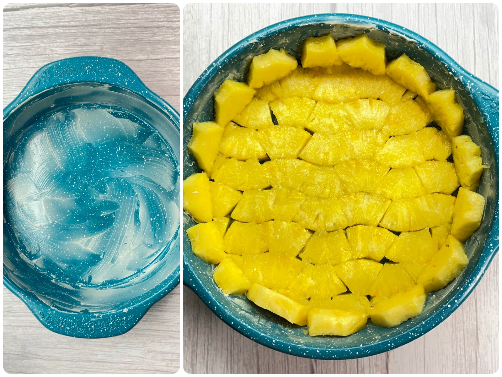 9英寸的金屬烤盤用一湯匙黃油塗抹,擺入菠蘿。烤30分鐘。(李若琳/大紀元)