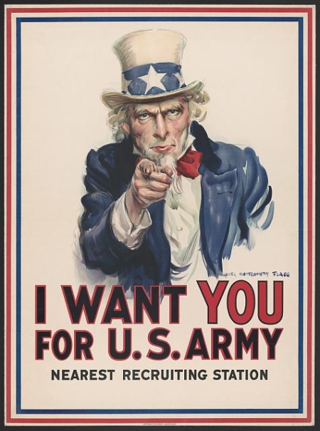 第一次世界大战期间，标志性的山姆大叔征兵海报共分发了400万份。(JAMES MONTGOMERY FLAGG/LIBRARY OF CONGRESS)