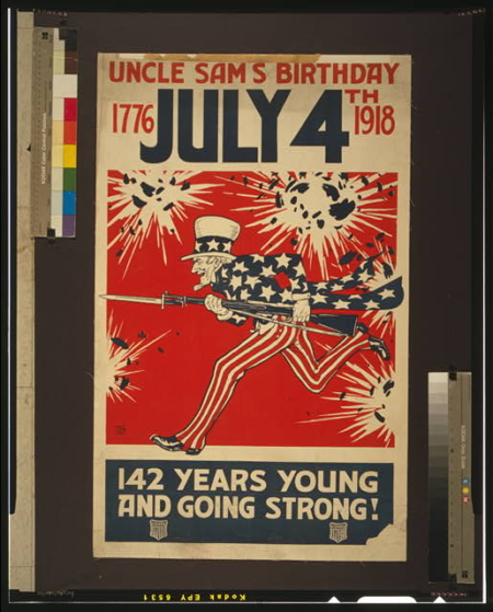 1918年绘制的山姆大叔海报。庆祝山姆大叔的142岁生日（1776年7月4日-1918年） ，代表说美国依然年轻而强壮​​！（Library of Congress）