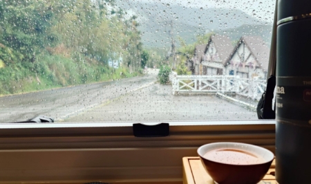 到华山时下雨了，看到窗外的风物，丁易章认为好好意思。