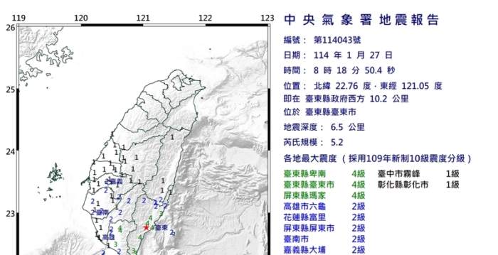 台湾台东发生规模5.2地震 11县市有震感