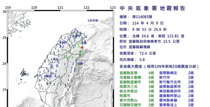 台湾宜兰发生规模5.8地震 台北剧烈摇晃