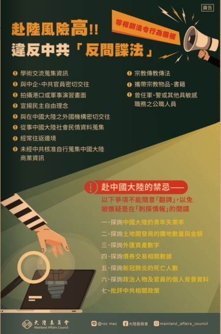 陸委會提醒赴中國大陸幾項應注意禁忌。
