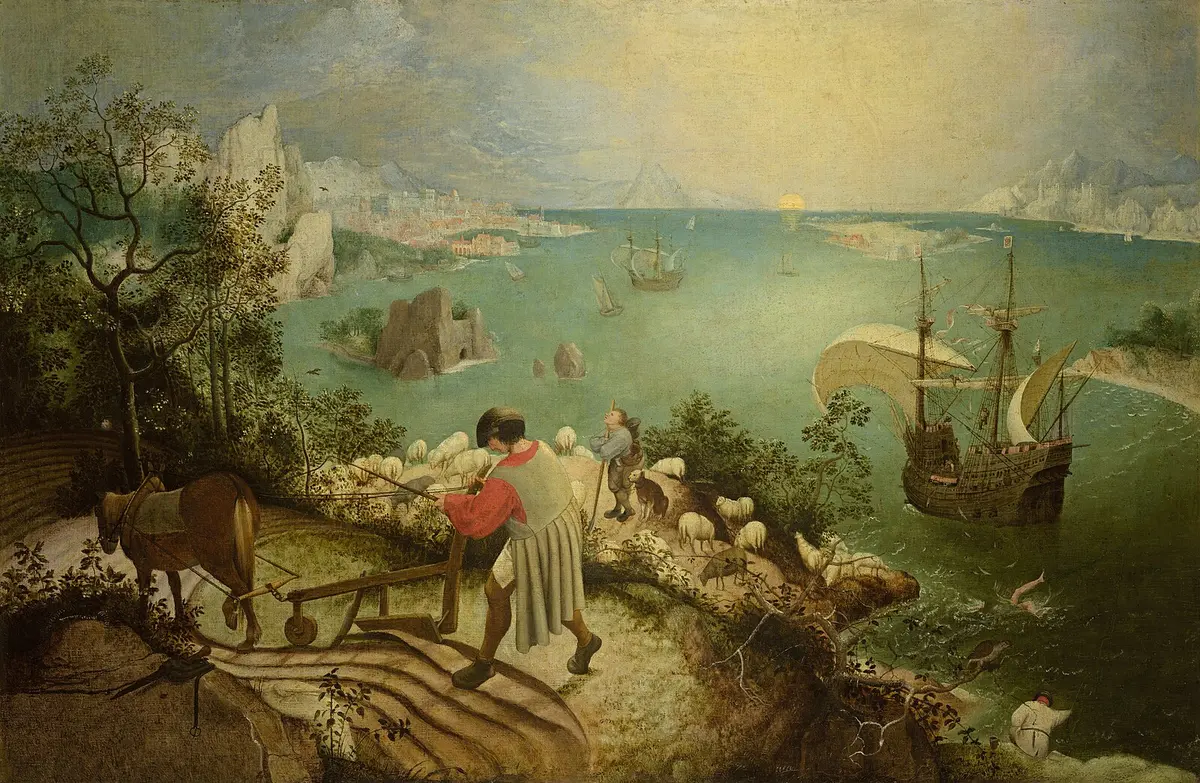 《伊卡洛斯墜落時的風景》（Landscape With the Fall of Icarus），老彼得‧勃魯蓋爾（Pieter Bruegel the Elder）1560年作，布面油畫，73.5 cm × 112 cm，比利時布魯塞爾王家美術博物館藏。（公有領域）