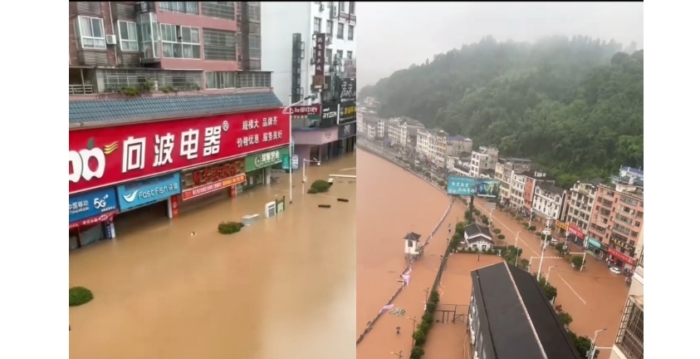 强暴雨引发洪水 贵州榕江村超球场积水深2米