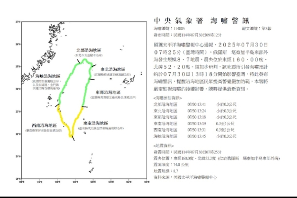 俄强震引发海啸 台气象署料下午开始影响台湾