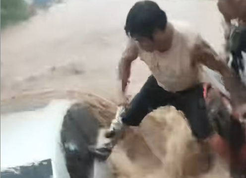 广西特大暴雨有车被洪水围困 男子砸窗救人