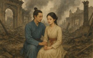 周公子囑咐護送的騎兵,在路上等候,他與妻子回到了賊巢,房屋都已被燒毀。(ChatGPT AI製圖)