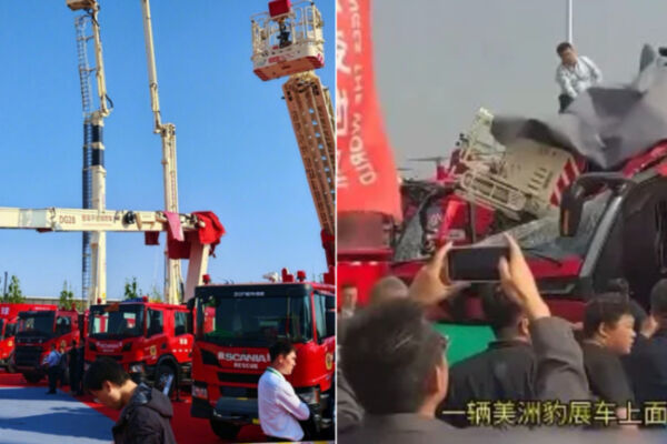 北京消防展出意外 消防云梯断裂砸坏消防车