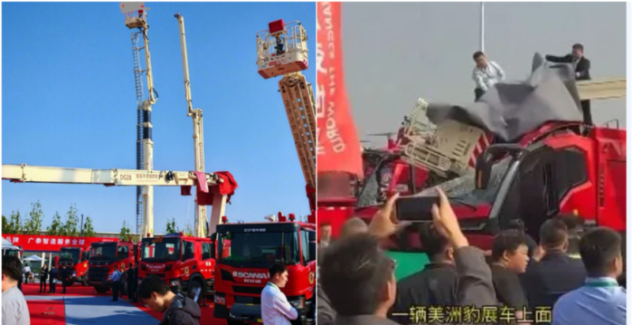 北京消防展出意外 消防云梯断裂砸坏消防车