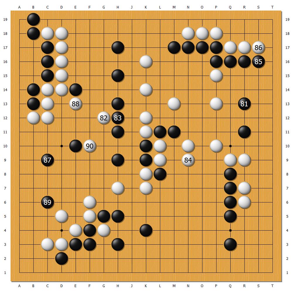 第30屆「三星盃世界圍棋大師賽」十六強戰,韓國的申真諝九段(黑)VS.中國大陸的廖元赫九段(白),第81至90手。(新唐人製圖)