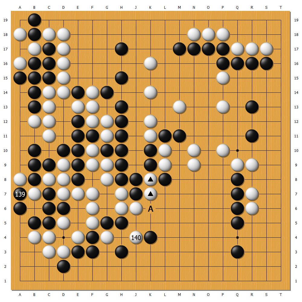 第30屆「三星盃世界圍棋大師賽」十六強戰,韓國的申真諝九段(黑)VS.中國大陸的廖元赫九段(白),第139至140手。(新唐人製圖)