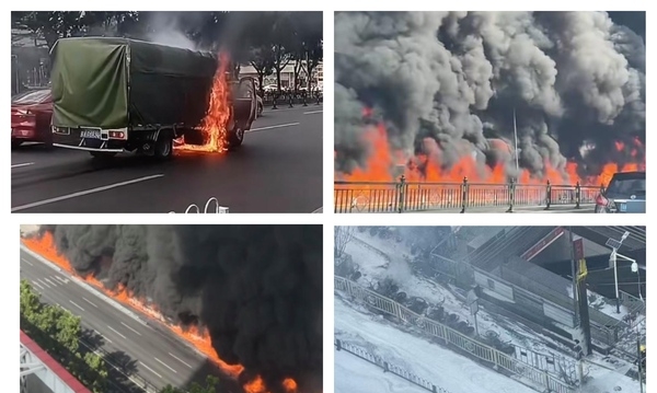 广州街头货车起火 火线烧掉数十辆电动自行车