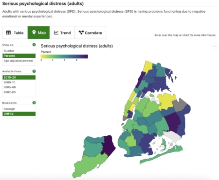 紐約市成年人嚴重心理困擾(SPD)分布地圖(2019~2020年數據)。SPD指因負面情緒或心理經驗而出現功能受損的狀況。