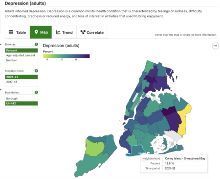 紐約市曾患憂鬱症成年人分布地圖(2021~2022年數據)。憂鬱症是一種常見的心理健康狀況,常見症狀包括持續低落情緒、注意力不集中、精力下降,以及對原本感興趣的活動失去興趣。