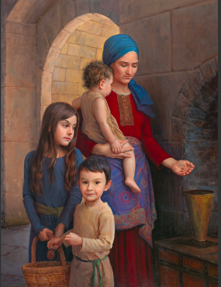 2025年新唐人全世界人物寫實油畫大賽入圍作品一《寡婦的兩文錢》,Ken Corbett創作。(Ken Corbett提供)