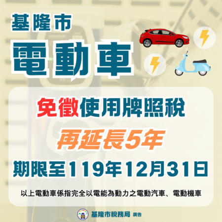 基隆市電動車免徵使用牌照稅,再延長5年。