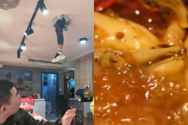 武汉一饭店天花板突然掉出人腿 食客急逃