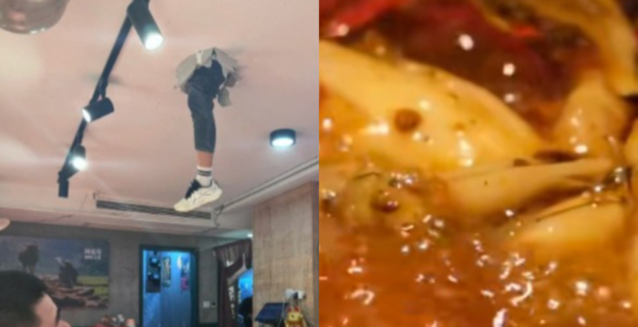 武汉一饭店天花板突然掉出人腿 食客急逃