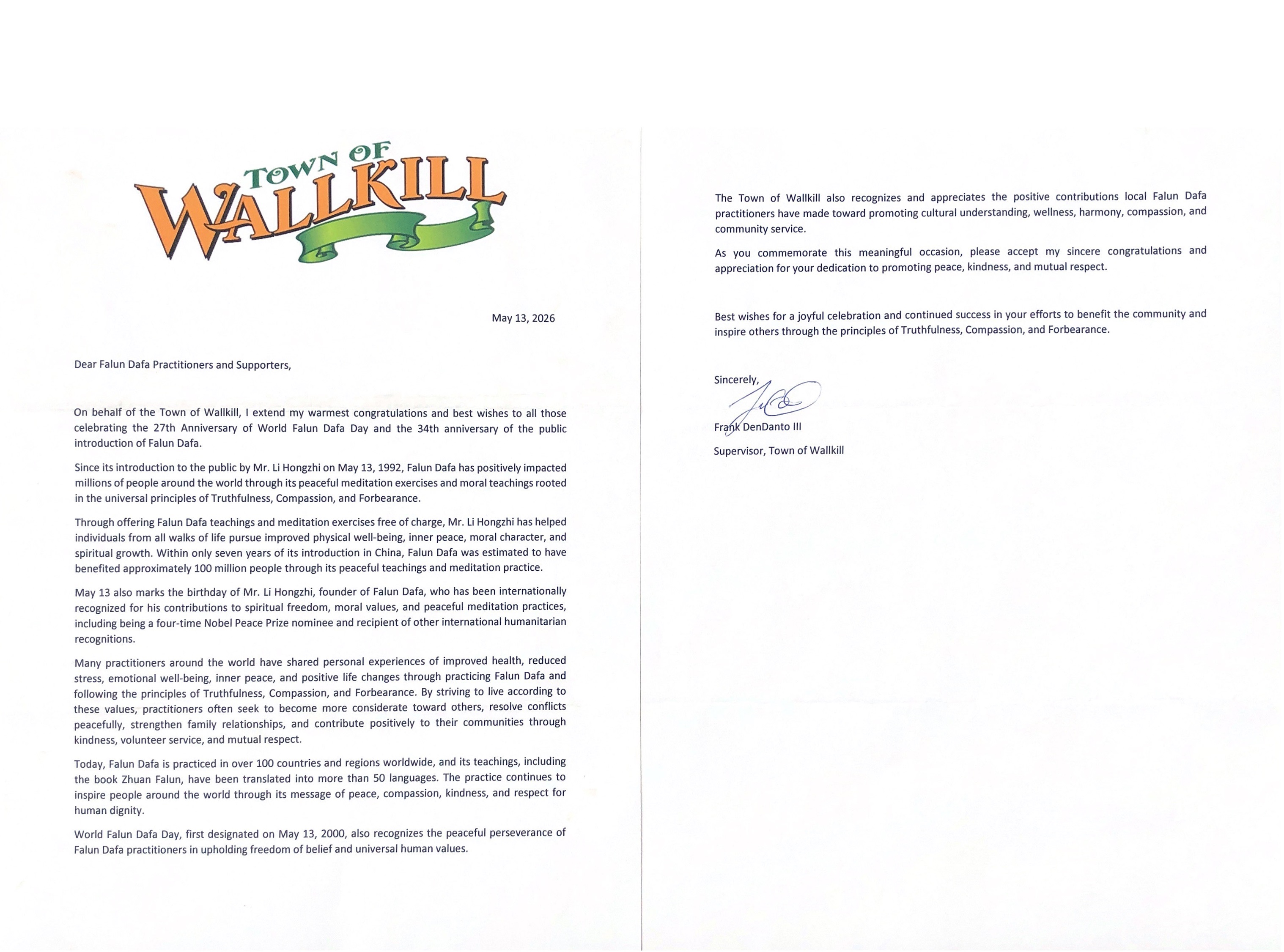沃爾基爾鎮(Wallkill)鎮長弗蘭克‧丹丹托三世(Frank DenDanto III)支持函。(大紀元)
