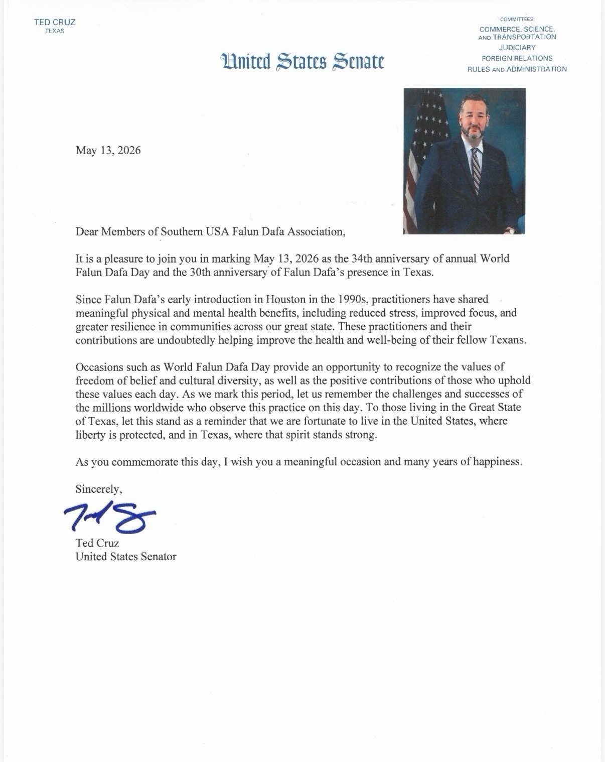 2026年5月13日,德州聯邦參議員克魯茲(Ted Cruz)發賀信祝賀法輪大法日。(大紀元)