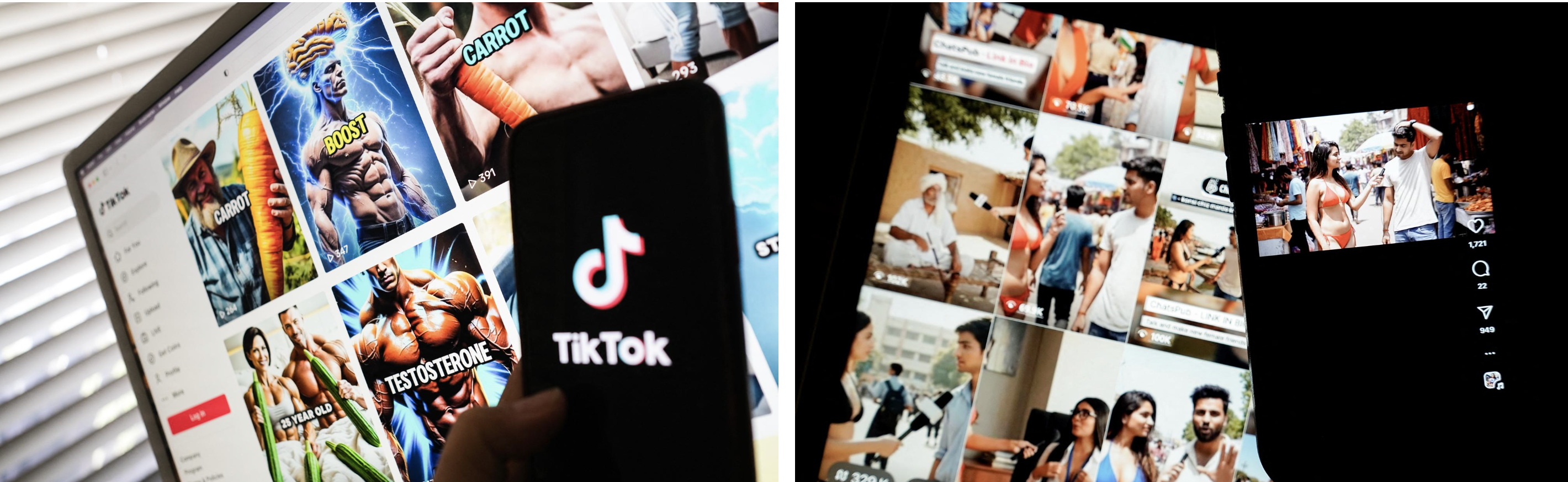 (左圖)這張插圖照片顯示,2025年5月2日,加州洛杉磯,一部智能手機屏幕上顯示著TikTok的標誌,該屏幕正播放著TikTok帳號推廣日常保健品的圖片。(右圖)這張插圖照片顯示,2025年7月14日,華盛頓特區,身著比基尼的女性在街頭接受採訪,這些圖片來自互聯網和社交媒體。(Chris Delmas,STAFF/AFP via Getty Images)