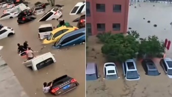 2026年5月17日至18日,湖南省常德市石門縣壺瓶山鎮水位高漲,水漫過車輛。(視頻截圖)