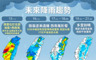 15日各地仍有局部大雨 端午連假天氣為多雲到晴