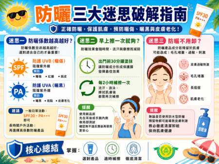高市府卫生局呼吁,选购前应详细阅读产品外包装SPF及PA标示,并适时补擦与彻底清洁。