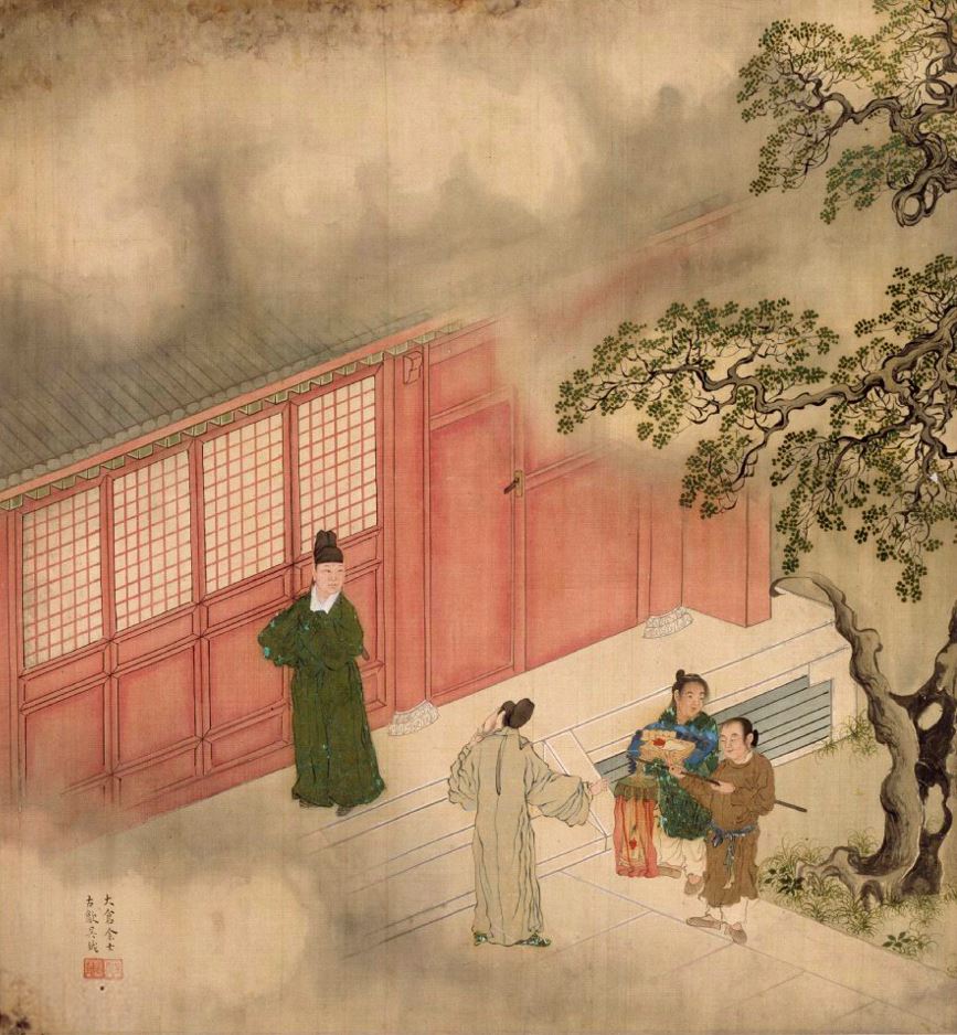 明代《徐顯卿宦跡圖》:神占啟戶,徐顯卿18歲考童生時的故事。(公有領域)