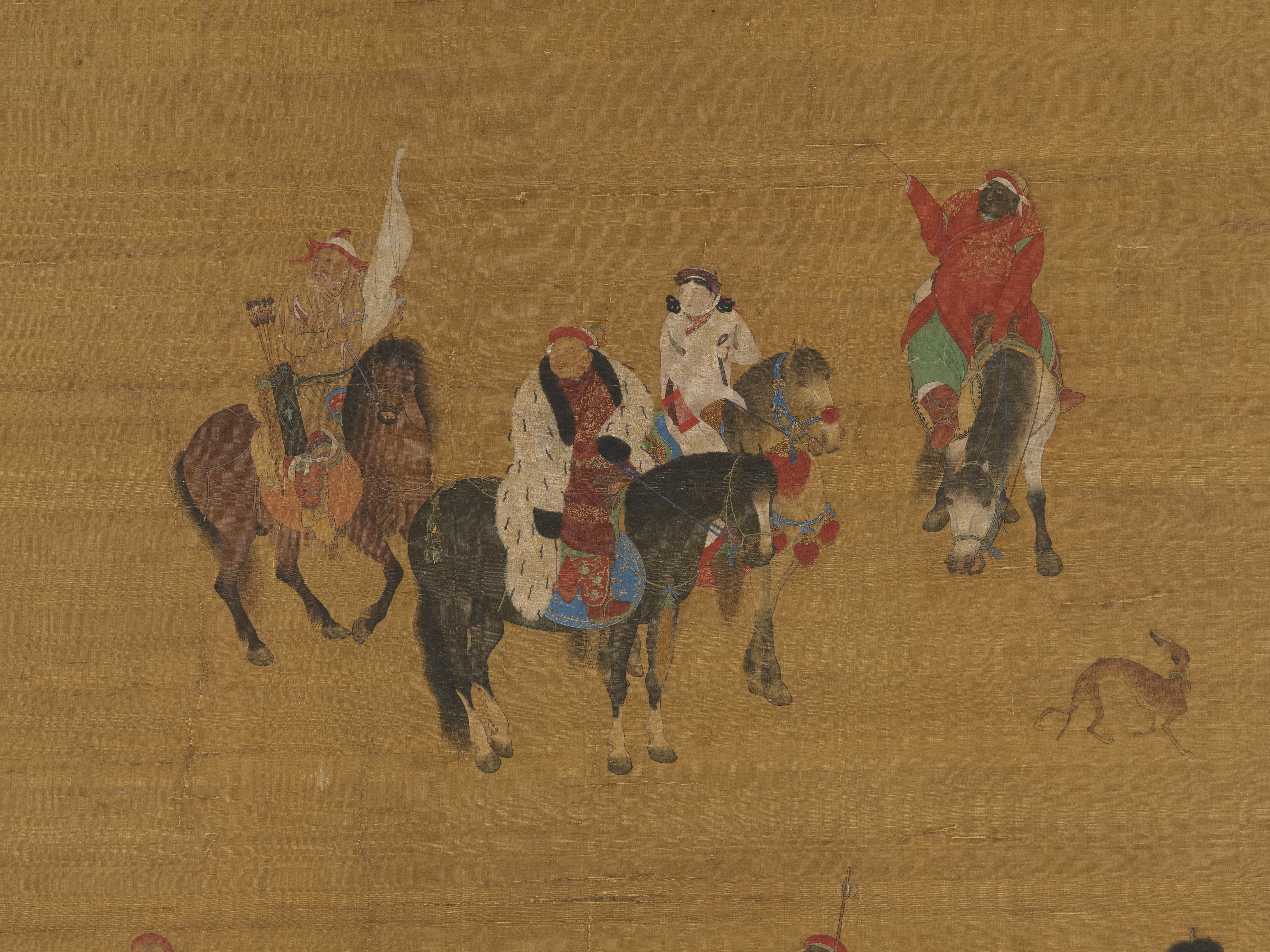 台灣故宮國寶《元 劉貫道 畫元世祖出獵圖》局部,畫中外披白色裘衣,腳著紅靴者為忽必烈。(台灣故宮提供)