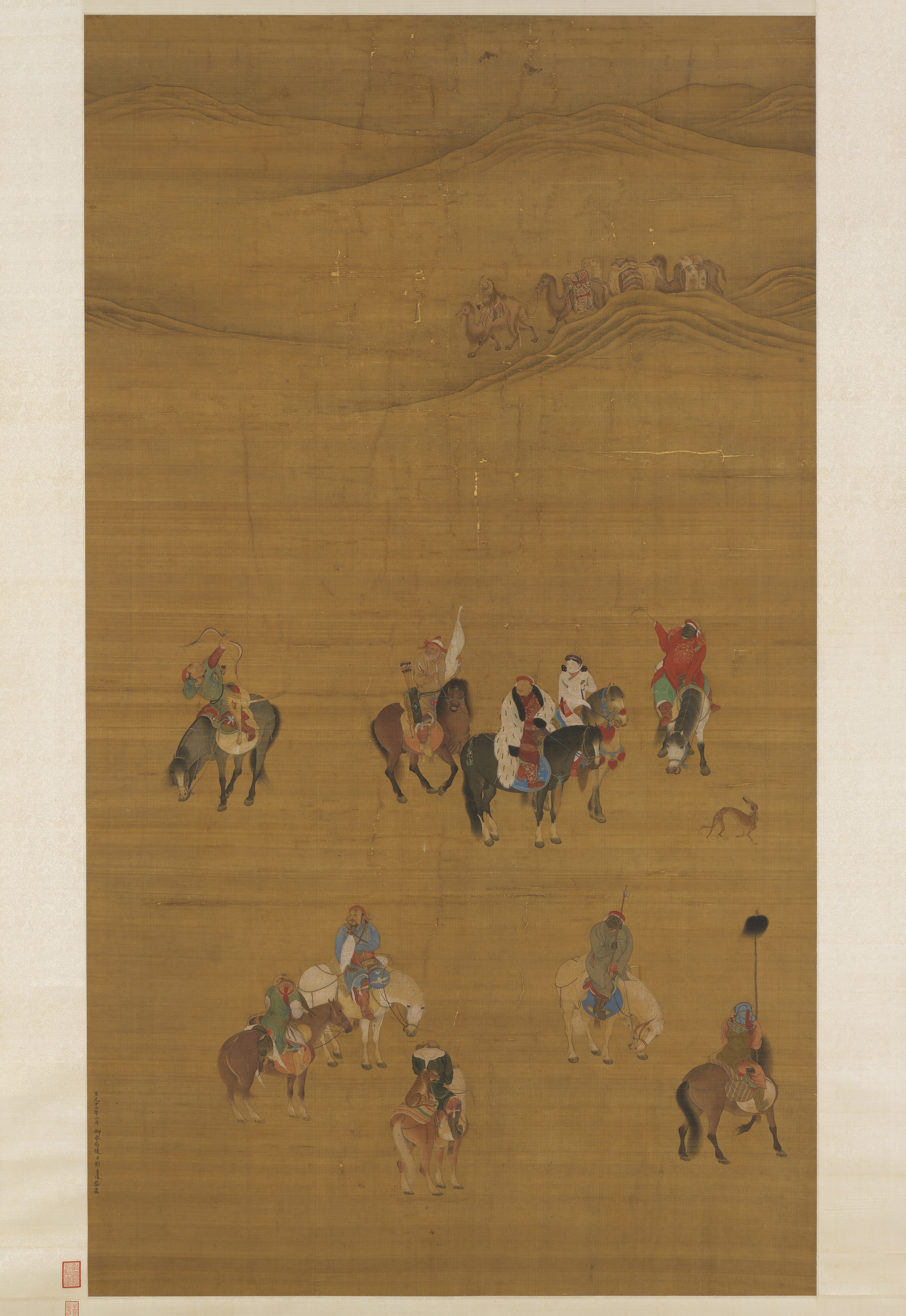 台灣故宮國寶《元 劉貫道 畫元世祖出獵圖》描繪忽必烈等人於大漠騎射出獵的場景。(台灣故宮提供)
