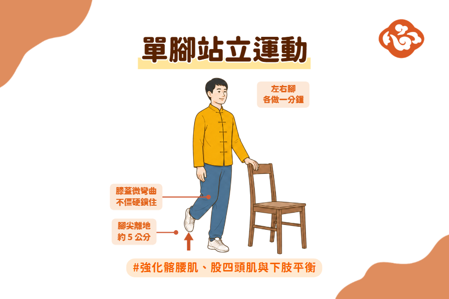 扶椅單腳站立有助強化下肢肌力與平衡,適合無法久走、但仍可安全站立者練習。(醫道心傳製作組/大紀元)