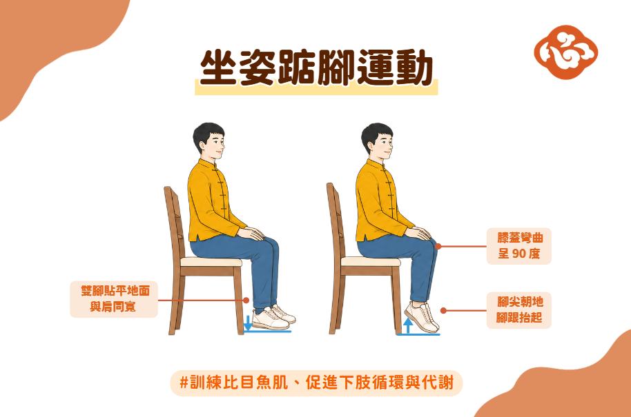坐著反覆抬起腳跟,可訓練比目魚肌,並幫助維持下肢循環與代謝。(醫道心傳製作組/大紀元)
