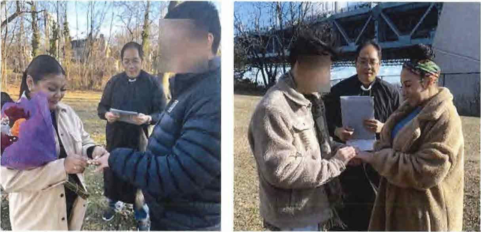 被告Anthony Cheng(中)出現在兩場虛假婚禮的照片中。(起訴書截圖)