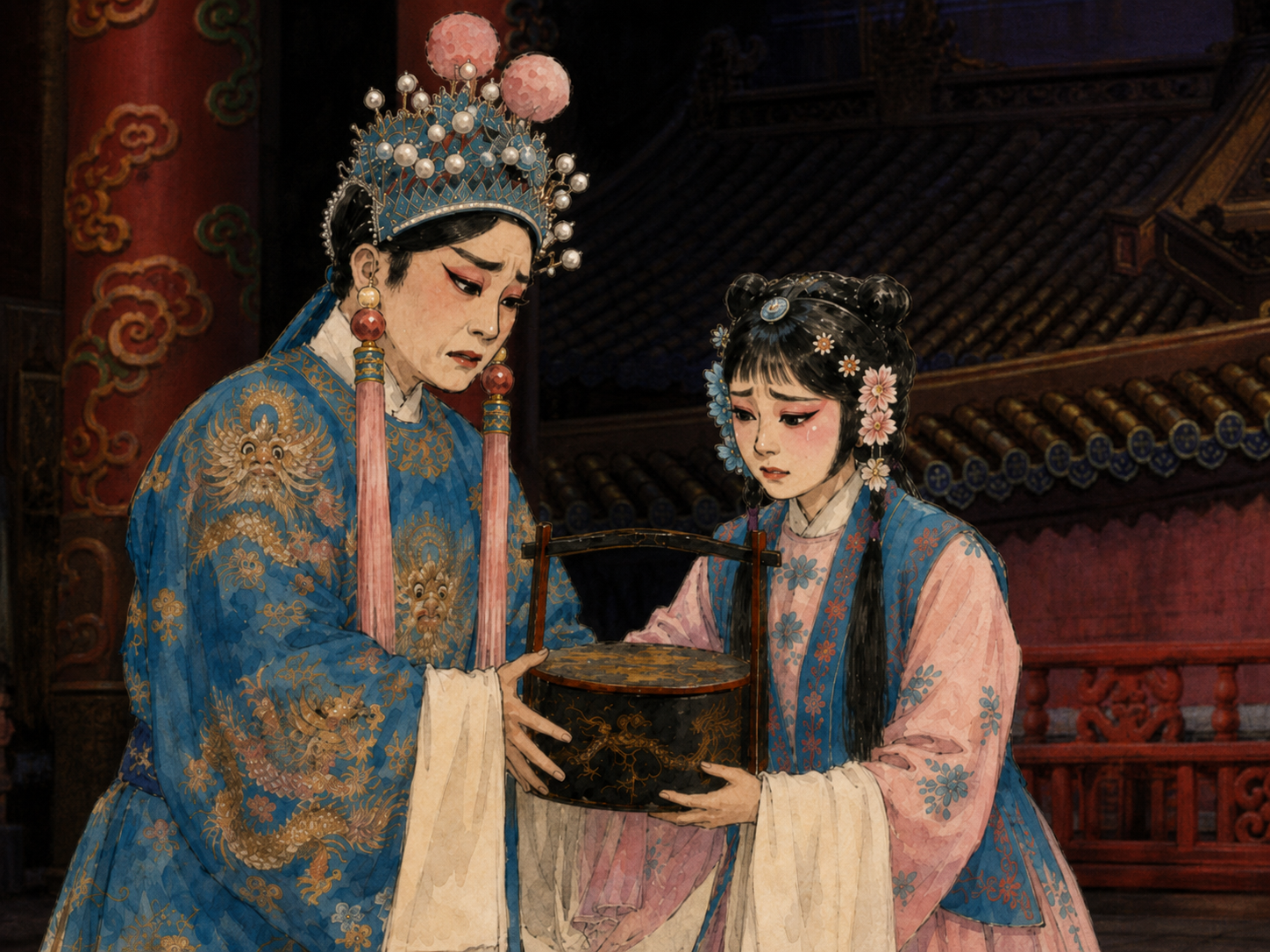 “可怜这皇家一点骨肉,怎忍心绝在我的手里?”两位卑微的宫廷下人,做出了足以改写大宋历史的决定——他们将皇子藏在妆盒内,冒着被凌迟处死的风险,暗中将其运出九重宫阙。(AI制图)