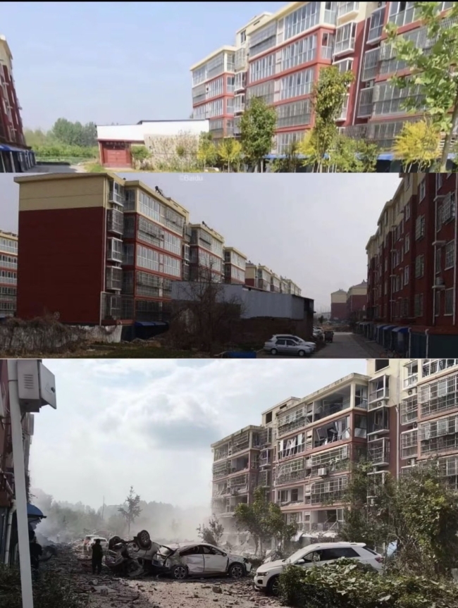 8月21日15时许,山东省临沂市沂河新区王桥社区内一处独立平房院落(两楼中间)发生爆炸,被夷为平地,周边楼大量门窗损坏,车辆受损。(爆炸前后对比图)