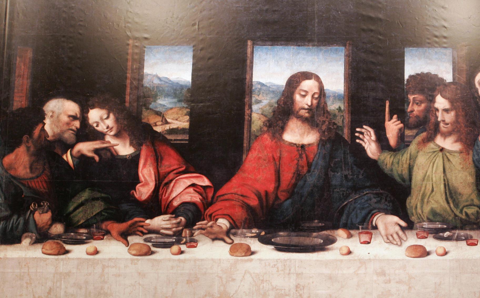 傳達文西和弟子共同完成的畫作《通厄洛的最後晚餐》(Tongerlo Last Supper)局部示意圖。猶大(左一)右手抓著錢袋,手臂前方桌上有個打翻了的鹽罐。(JOHN THYS/AFP via Getty Images)